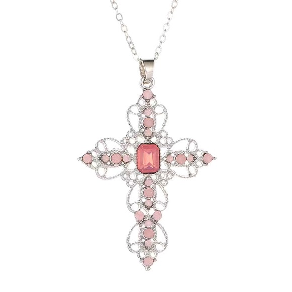 Jewelry - Ornate Pink Silver Toned Cross Necklace